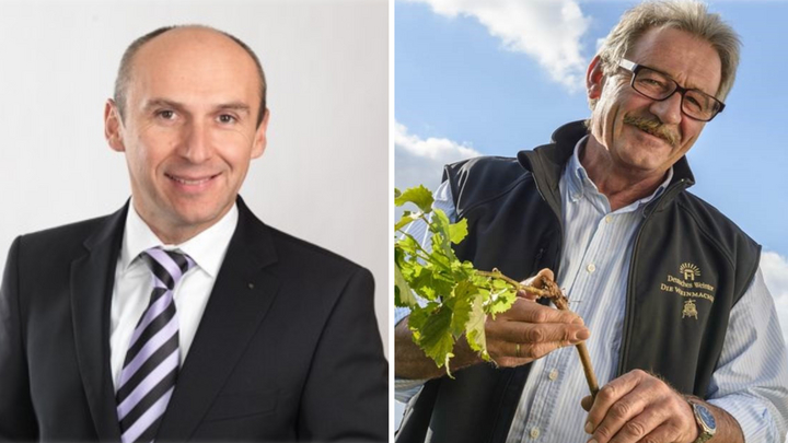 Frank Jentzer (li.) tritt die Nachfolge von Thomas Weiter als Vorstandsvorsitzender bei Deutsches Weintor an. (Bild: Deutsches Weintor eG)